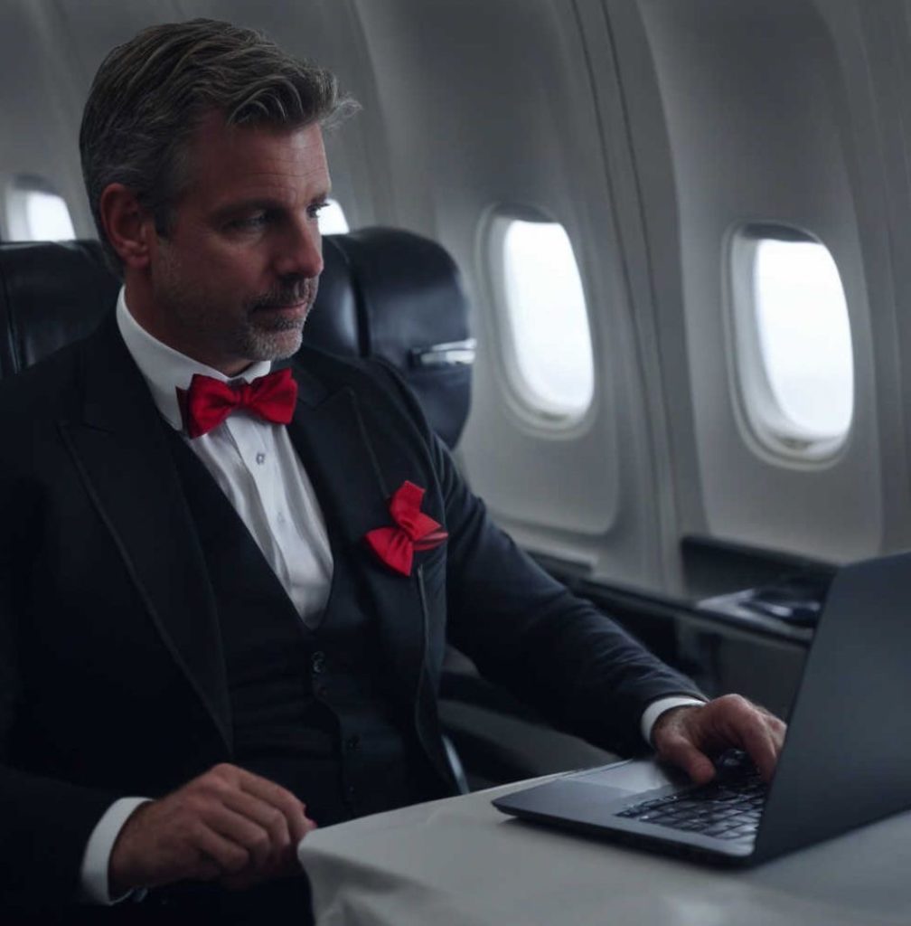 Der Immobilien Butler im Privatjet am Laptop mit seinem Franchisesystem.