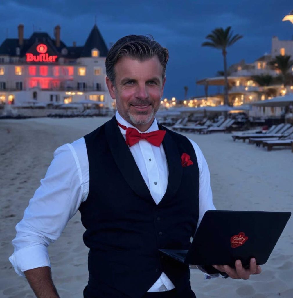 Der Immobilien Butler an einem Sandstrand in Anzug und mit einem Laptop in der Hand.