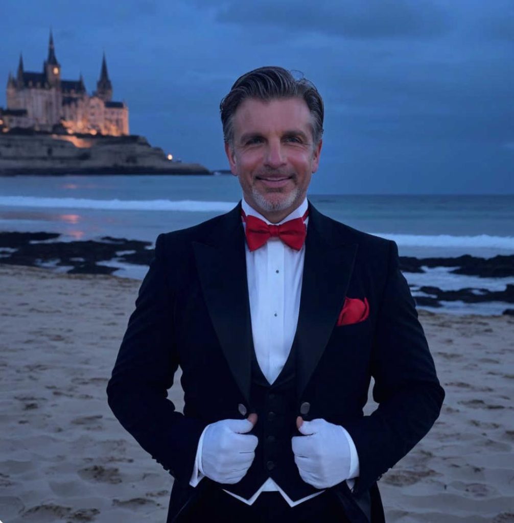 Der Immobilien Butler am Strand mit einem Schloss und Meer im Hintergrund.